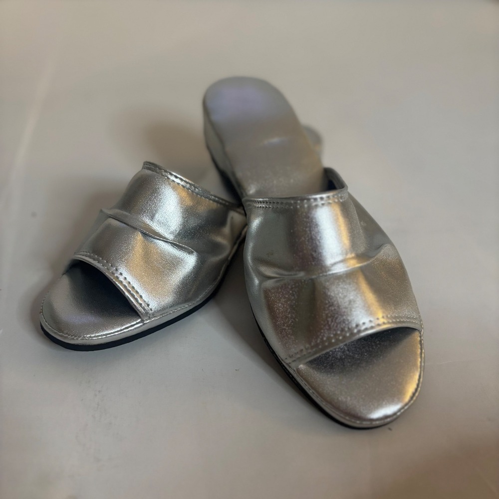 Vintage Fashion Steps Silver Metallic Slide Sandals homecoming Wedge Open Toe 7